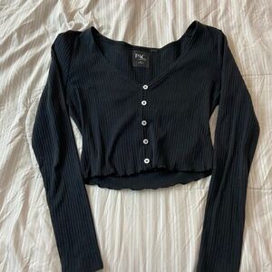 Women's Black Ribbed Button-Up Top